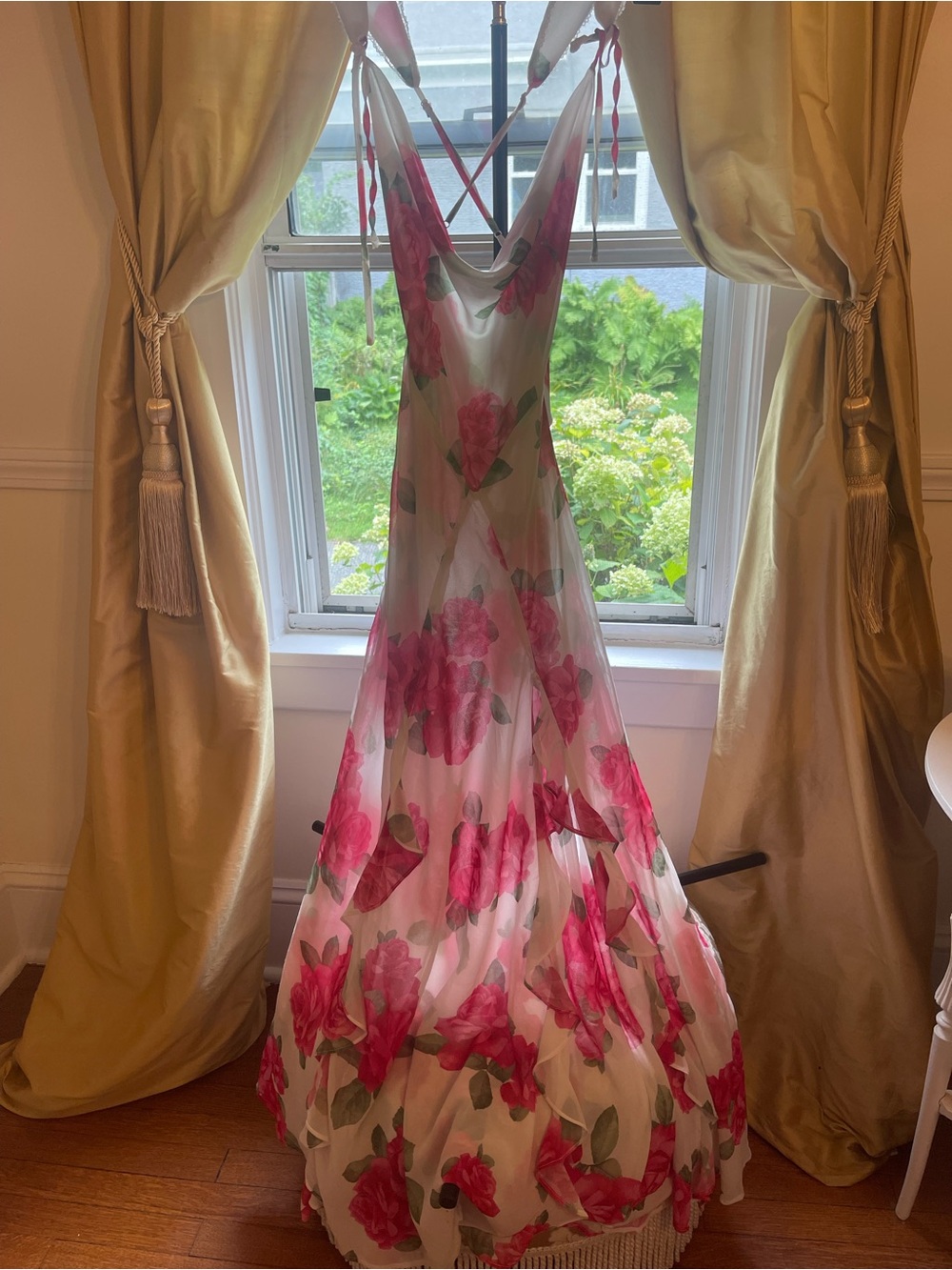 Betsey Johnson Romantic Pink Floral Maxi Dress with Green Leaf Accents